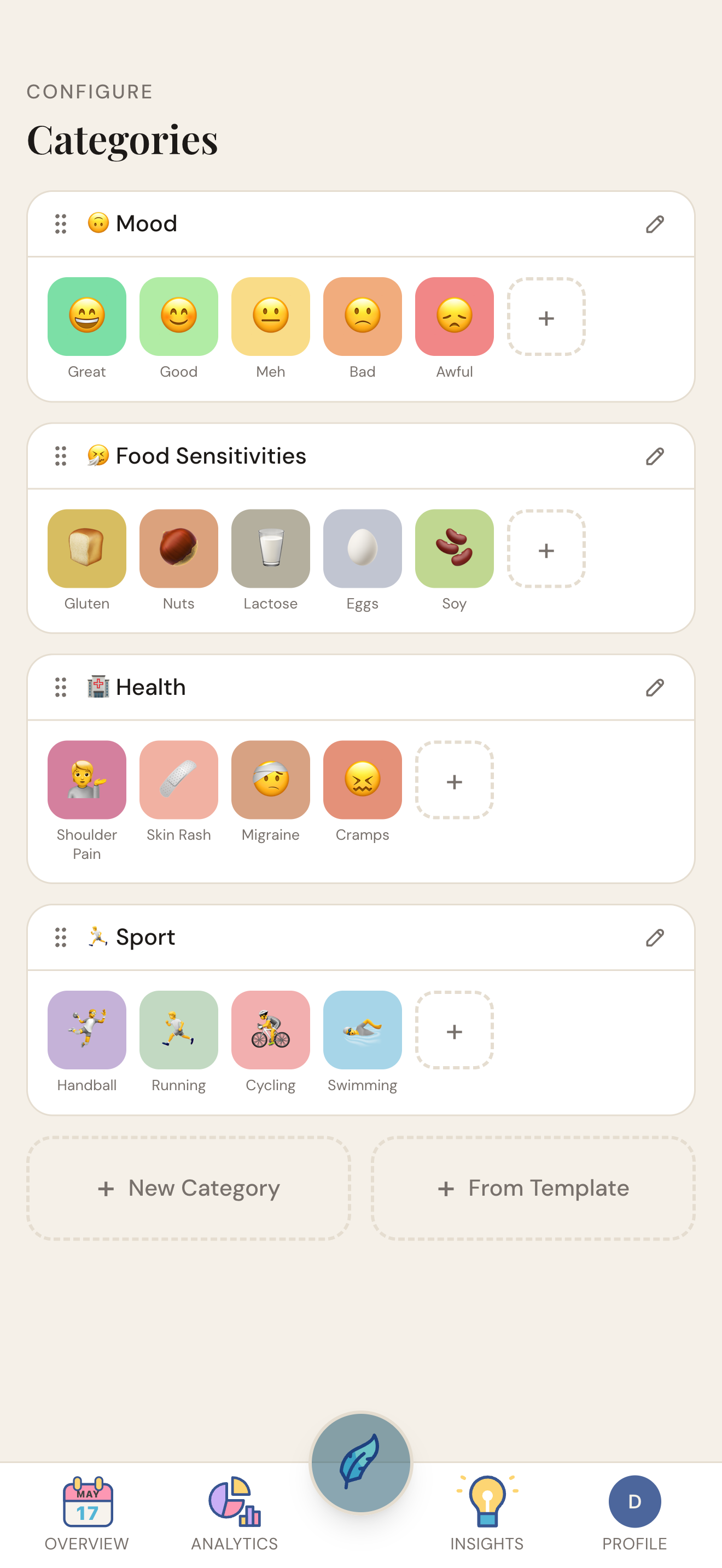 Log Simply — Categories configuration screen