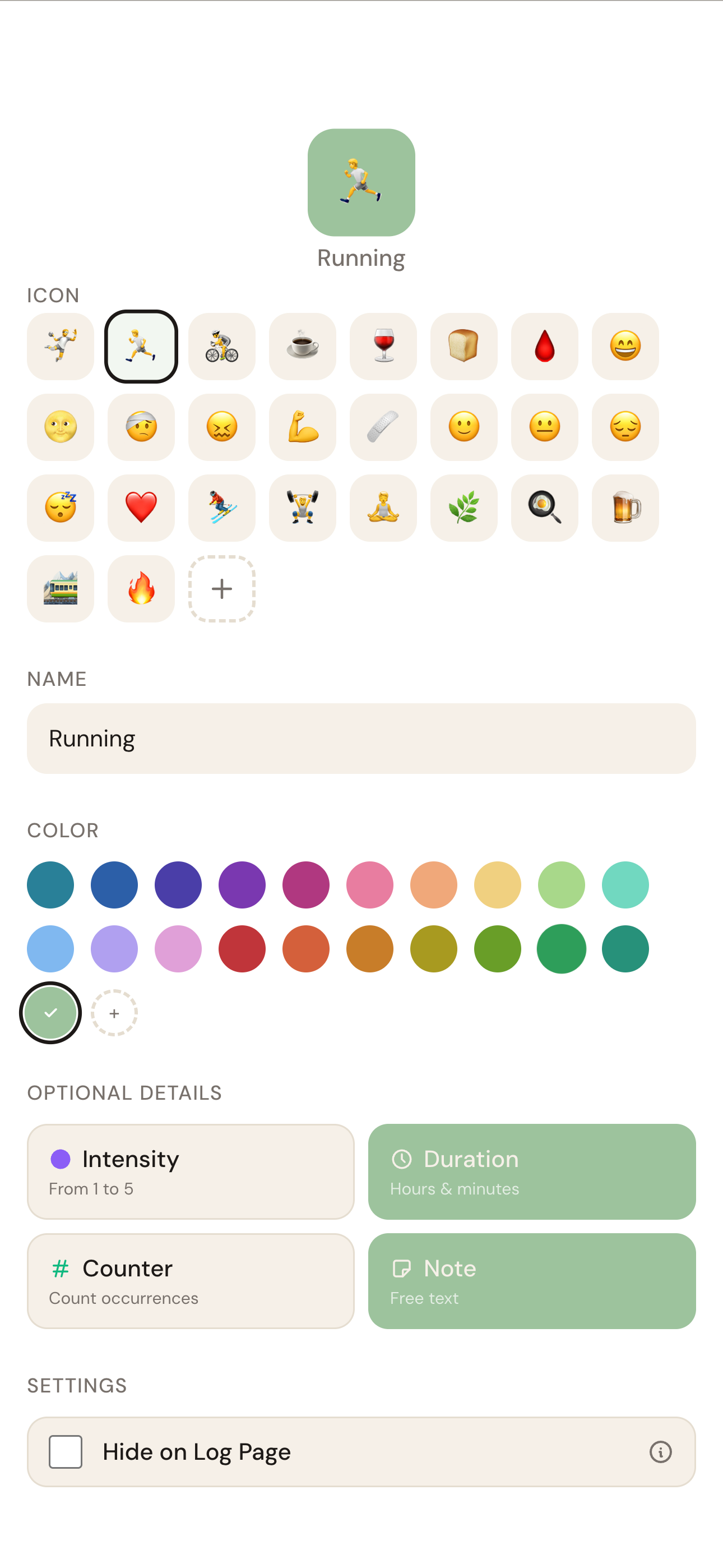 Log Simply — Edit Entry Type screen with icon picker, color palette and optional detail fields