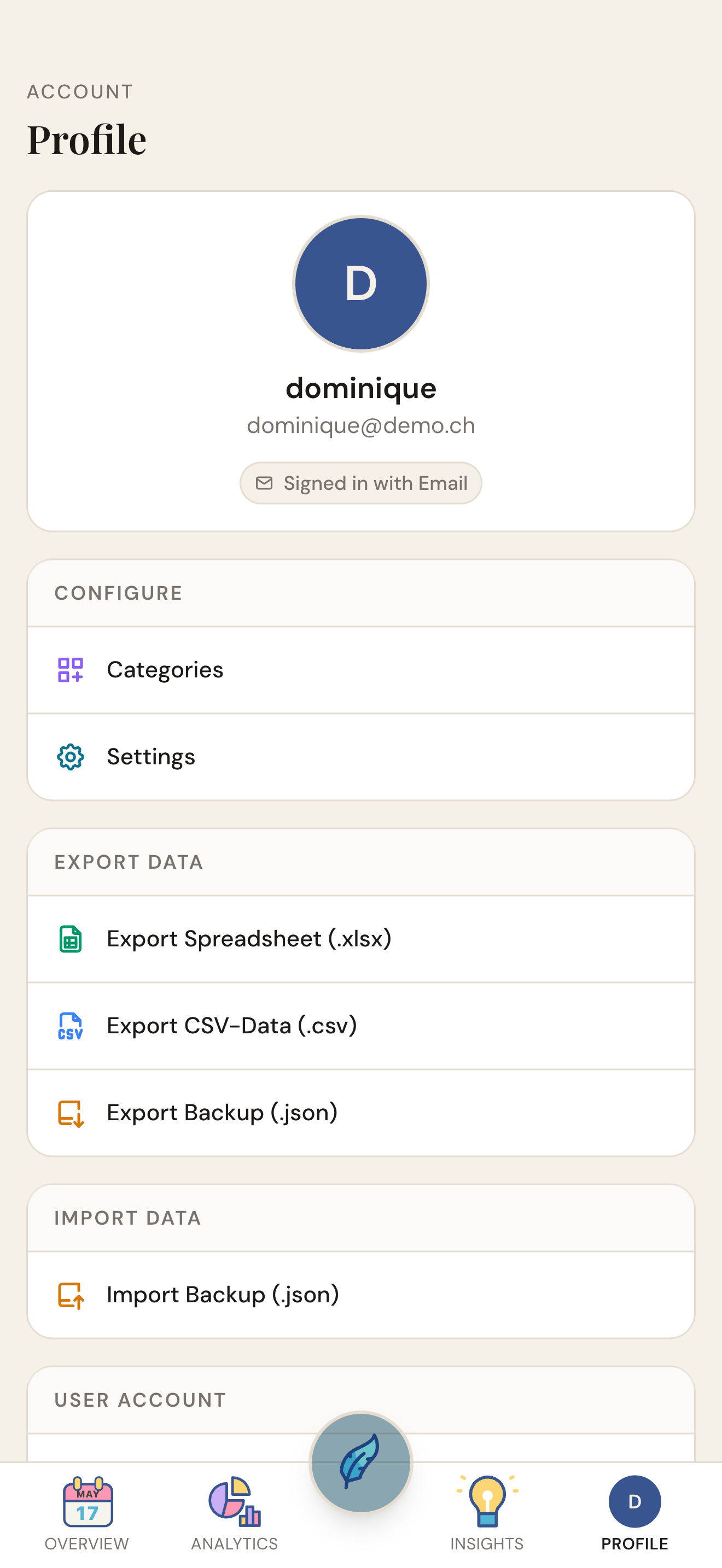 Log Simply — Profile screen with export and import options
